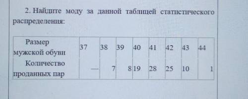 2. Найдите моду за данной таблищей статистического распределения:3738404344Размермужской обувиКоличе