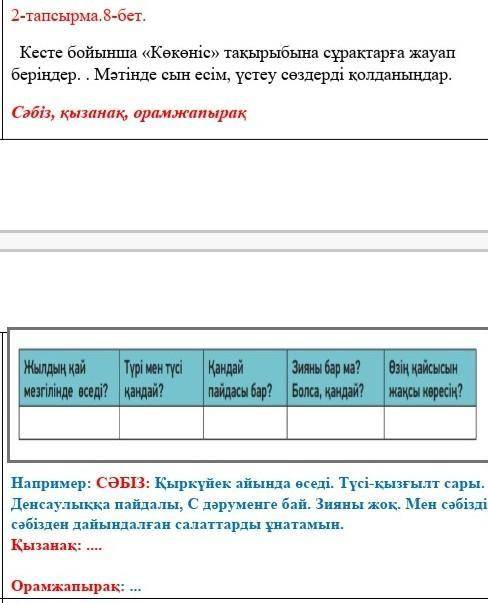 Кесте бойынша «Көкөніс» тақырыбына сұрақтарға жауап беріңдер. . Мәтінде сын есім, үстеу сөздерді қол