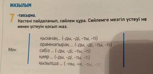 ЖАЗЫЛЫМ 7 -тапсырма. Кестені пайдаланып, сөйлем құра. Сөйлемге мезгіл үстеуі не мекен үстеуін қосып