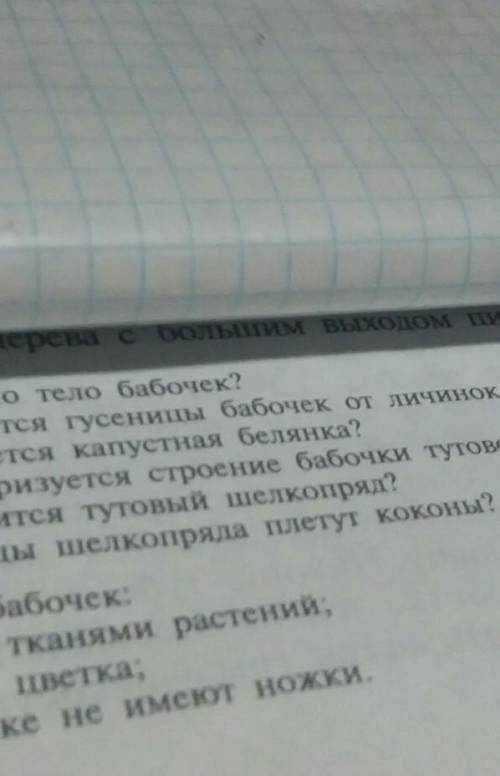 1. Как построено тело бабочек? 2.Чем отличаются гусеницы бабочек от личинок других насекомых?3.Как р