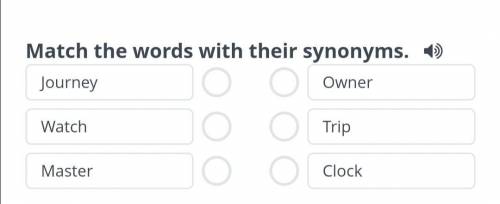 Match the words their synonyms JourneyWatchMasterOwner TripClock