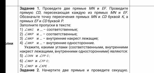 Задание 1. Проведите две прямые МN и ЕF. Проведите прямую СD, пересекающая каждую из прямых МN и ЕF.