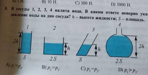 В сосуды 1,2,3,4 налита вода. В каком ответе неверно указано давление воды на дно сосуда