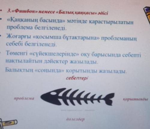 3.«Фишбон» немесе «Балық қаңқасы» әдісі «Қаңқаның басында» мәтінде қарастырылатынпроблема белгіленед