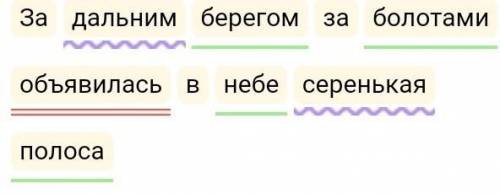 За дальним берегом за болотами объявилась в небе серенькая полоса Синтаксический разбор предложения