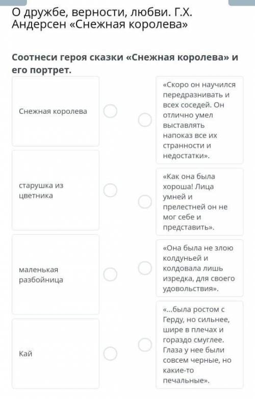 Соотнеси героя сказки«Снежная Королева» и его портрет. ​