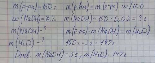 Расчитайте массу гироксида натрия и массу воды в 150 г 2%-ного раствора. Запишите подробное решение