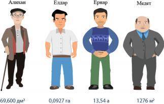 Четверо мужчин – Алихан, Елдар, Ернар и Медет – купили по участку земли разных размеров. Каждый учас