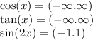 \cos(x) = ( - \infty . \infty ) \\ \tan(x) = ( - \infty . \infty ) \\ \sin(2x) = ( - 1.1)