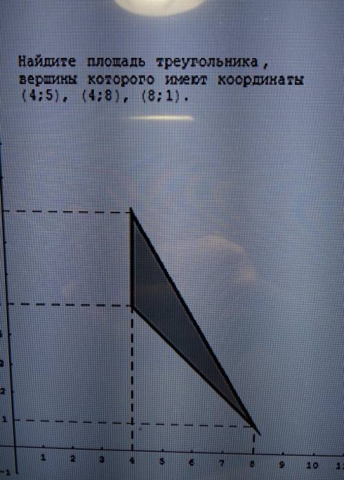 Найдите площадь треугольника вершины которого имеют координаты (4,5), (4;8), (8;1)​