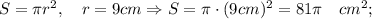 S=\pi r^{2}, \quad r=9cm \Rightarrow S=\pi \cdot (9cm)^{2}=81 \pi \quad cm^{2};