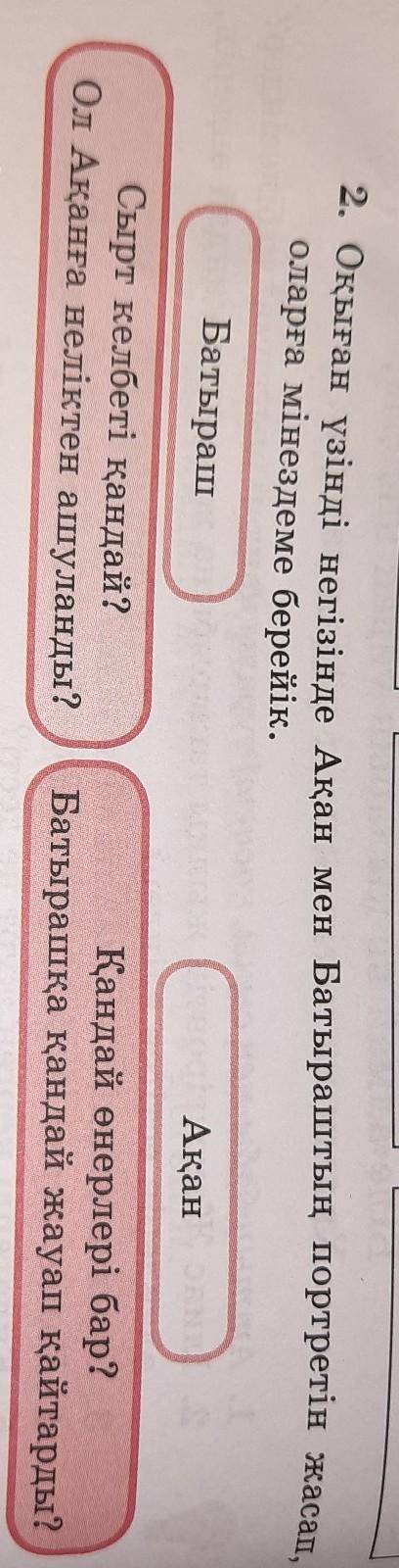 2. Оқыған үзінді негізінде Ақан мен Батыраштың портретін жасап, оларға мінездеме берейік.БатырашАқан