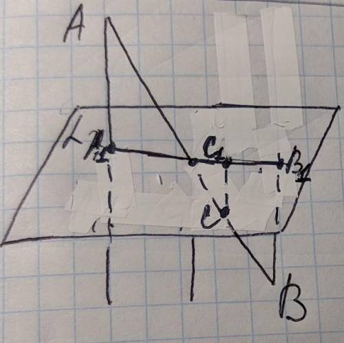 На відрізку AB, який перетинає площину a, позначили точку C так, що AC : BC = 5 : 3. Через точки A,