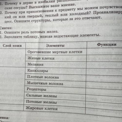 Синтез: 1. Опишите роль потовых желез. 2. Заполните таблицу, вписав недостающие элементы. Слой кожи