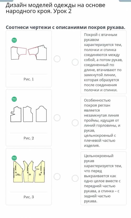 Соотнеси чертежи с описаниями покроя рукава. покрой с втачным рукавом характеризуется тем, полочки и