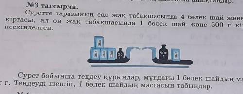 3-тапсырма. Суретте таразының сол жақ табақшасында 4 бөлек шәй және 50 г кіртасы,ал оң табақшасында