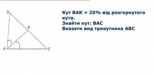 Кут ВАК = 25% от розкрытого кута. Найти кут ВАС, указать вид кута АВС​