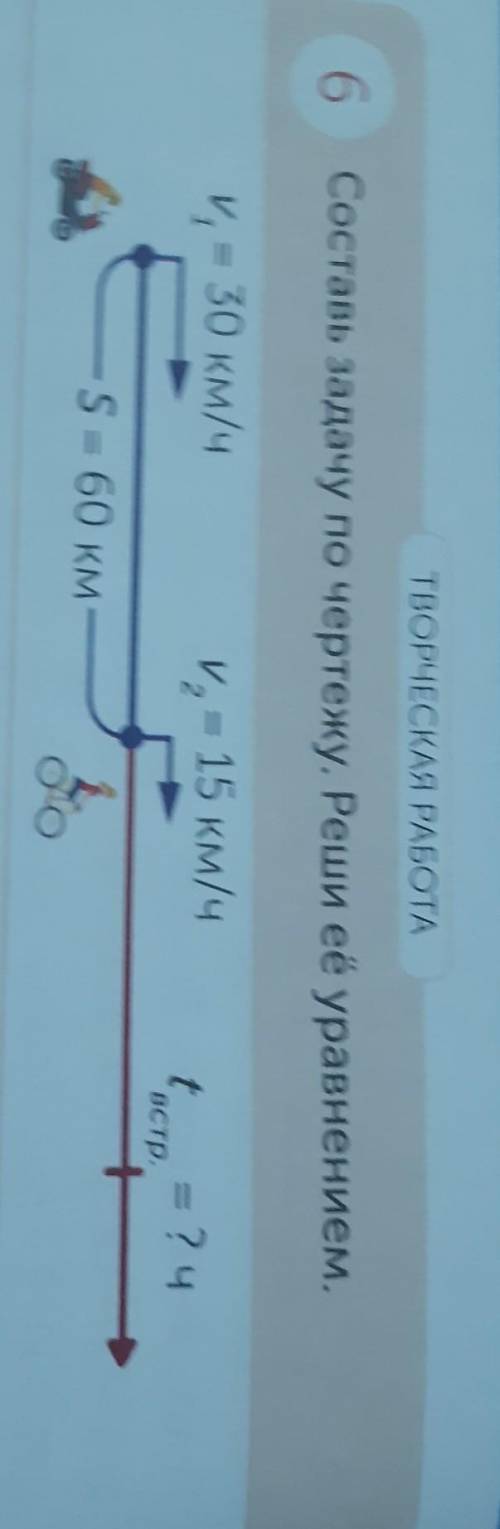 5 Составь задачу по чертеу. Реши её уравнением30 м.у = 15 км/ч- 5 = 60 км4.​