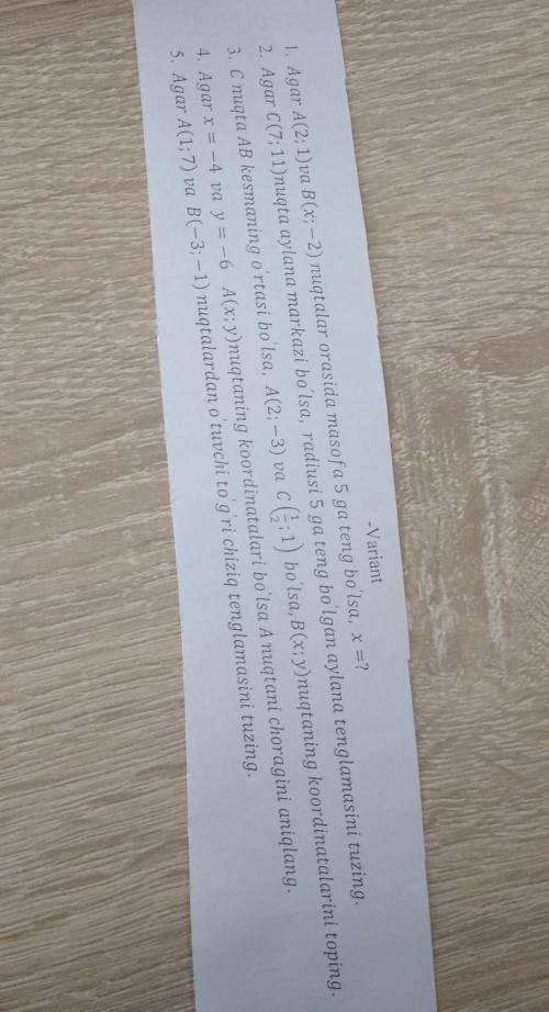 2. Agar C(7; 11)nuqta aylana markazi bo'lsa, radiusi 5 ga teng bo'lgan aylana tenglamasini tuzing.3.