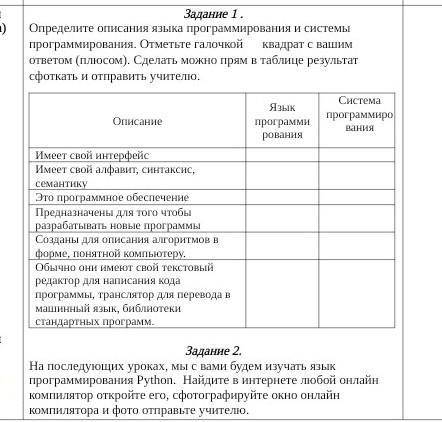 Определите описания языка программирования и системы программирования. Отметьте галочкой      квадра