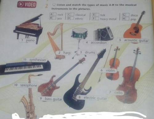 Listen and match the types of music A-H to the musical instruments in the picture.​