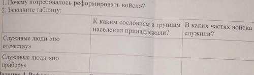 2. Заполните таблицу: К каким сословиям и группам населения принадлежали ? В каких частях войска слу