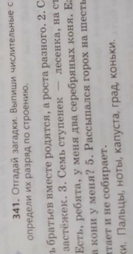 341. Отгадай загадки. Выпишите числительные с существительные, определи их разряд по строению.​