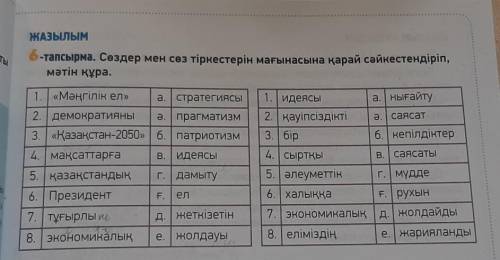 6-тапсырма. Сөздер мен сөз тіркестерін мағынасына қарай сәйкестендіріп,мәтін құра.​