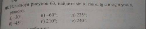 Используйте рисунок 63, найдите sin a, cos a, tg a и ctg a угла a, равного: За понятное объяснение и