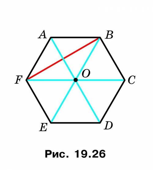 Точка O - центр правильного шестиугольника ABCDEF (рис. 19.26). Укажите образы стороны AF, диагонали