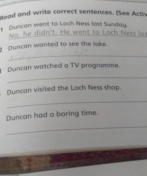 D Read and write correct sentences. See Activity 10.) Duncan went to Loch Ness last SundaNo, he didn