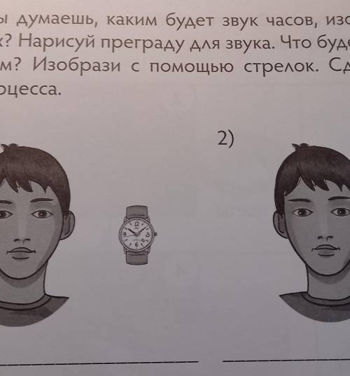 Как ты думаешь, каким будет звук часов, изображённых на рисунках? Нарисуй преграду для звука. Что бу