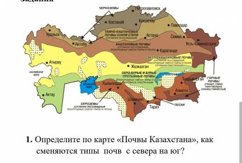 1. Определите по карте «Почвы Казахстана», как сменяются типы почв с севера на юг? ​