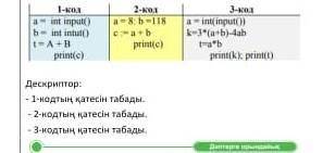 Төменде берілген программа кодтарын жазудағы қателерді тап.