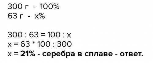 Найдите процент содержания серебра в сплаве, если в 400 г сплава содержится 84 г серебра