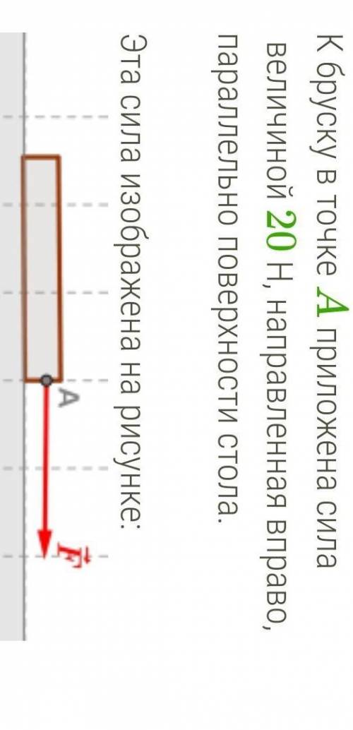 К бруску в точке A приложена сила величиной 20 Н, направленная вправо, параллельно поверхности стола