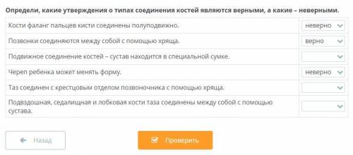 Определи, какие утверждения о типах соединения костей являются верными, а какие – неверными. Кости ф