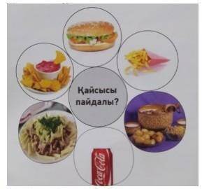 Посмотри на рисунок. ответь на вопрос Қайсысы тағам пайдалы? – Какая еда полезнее? ​