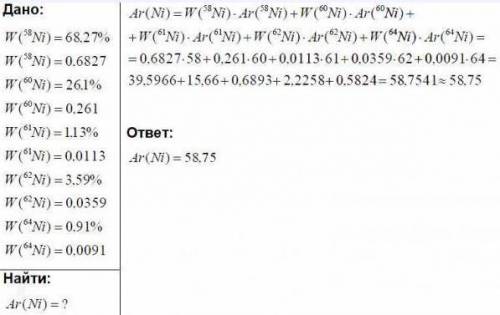 Рассчитайте относительную атомную массу никеля, состав следующих изотопов Ni 68,27%