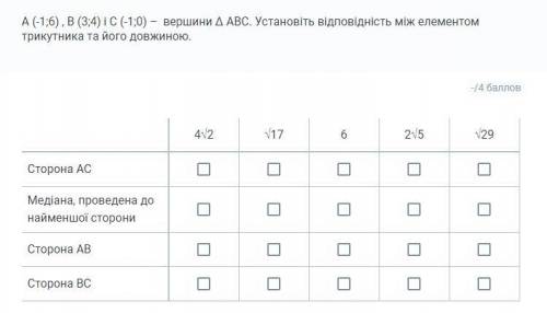 Питання на відповідність: A (-1;6) , B (3;4) і C (-1;0) – вершини Δ АВС. Установіть відповідність мі