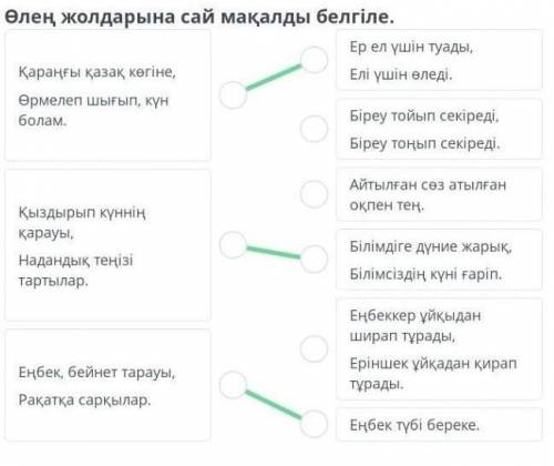 Өлең жолдарына сай мақалды белгіле. Ер ел үшін туады,Қараңғы қазақ көгіне,Елі үшін өледі.Өрмелеп шығ