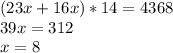 (23x+16x)*14 = 4368\\39x = 312\\x = 8