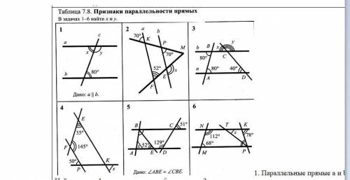 С ГЕОМЕТРИЕЙ 7 КЛАСС. Признаки параллельных прямых. В задачах 1-6 найти x и y.