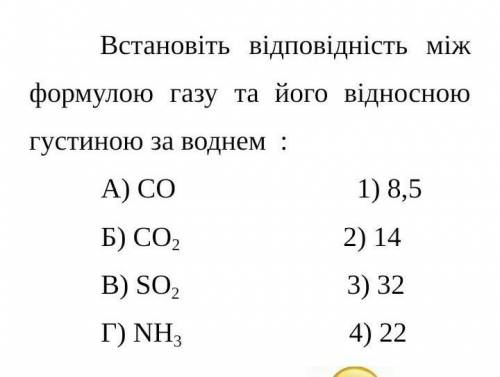 Встановіть відповідність між формулою газу та його відносною густиною заводнем​