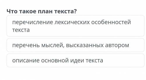 Что такое план текста? 1)перечисление лексических особенностей текста2)описание основной идеи текста