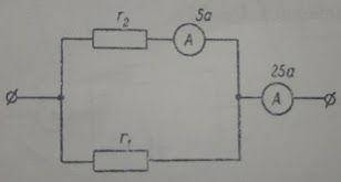 Визначити опір r2, якщо r1=3 Ом, а показання амперметрів вказані на схемі.