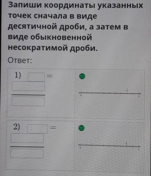 Запиши координаты указанных точек сначала в видедесятичной дроби, а затем ввиде обыкновеннойнесократ