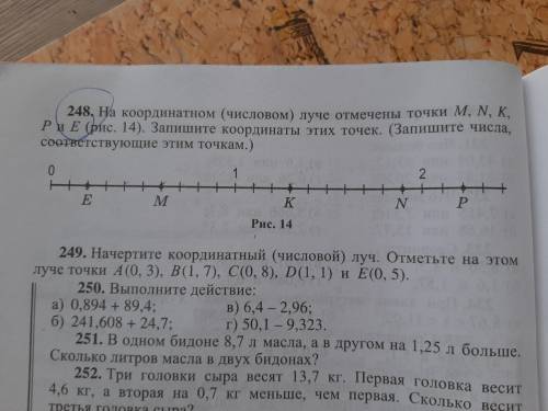 на координатом(числовом) луче отмечены точки m, n, k, p и e(рис.14). запишите координаты этих точек