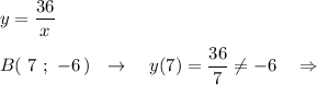 y=\dfrac{36}{x}\\\\B(\ 7\ ;\ -6\, )\ \ \to \ \ \ y(7)=\dfrac{36}{7}\ne -6\ \ \ \Rightarrow