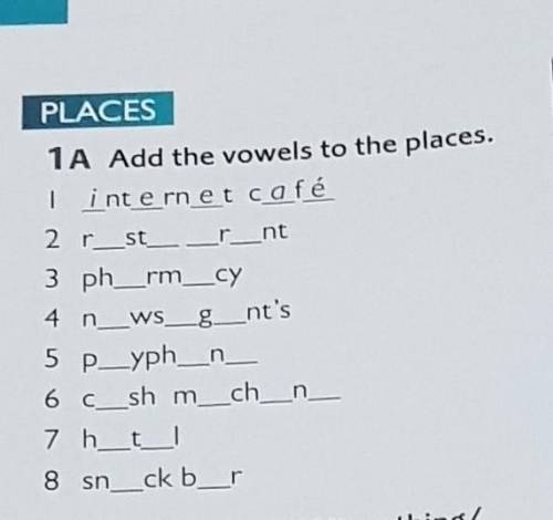 PLACES 1A Add the vowels to the places. | inte rn et café 2 r_st_r_nt 3 ph_rm_cy 4 n_ws_g_nt's 5 P_y